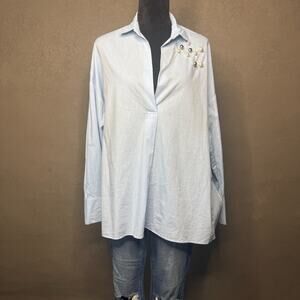 Zara Woman Light Blue Pearl Embellished Tunic Blouse Size M | Statement Buttons